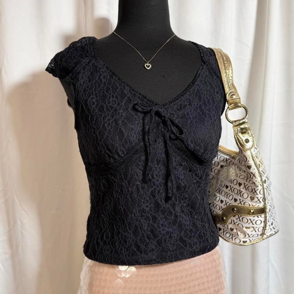 No Boundaries Black Lace Tie Front Top Size M